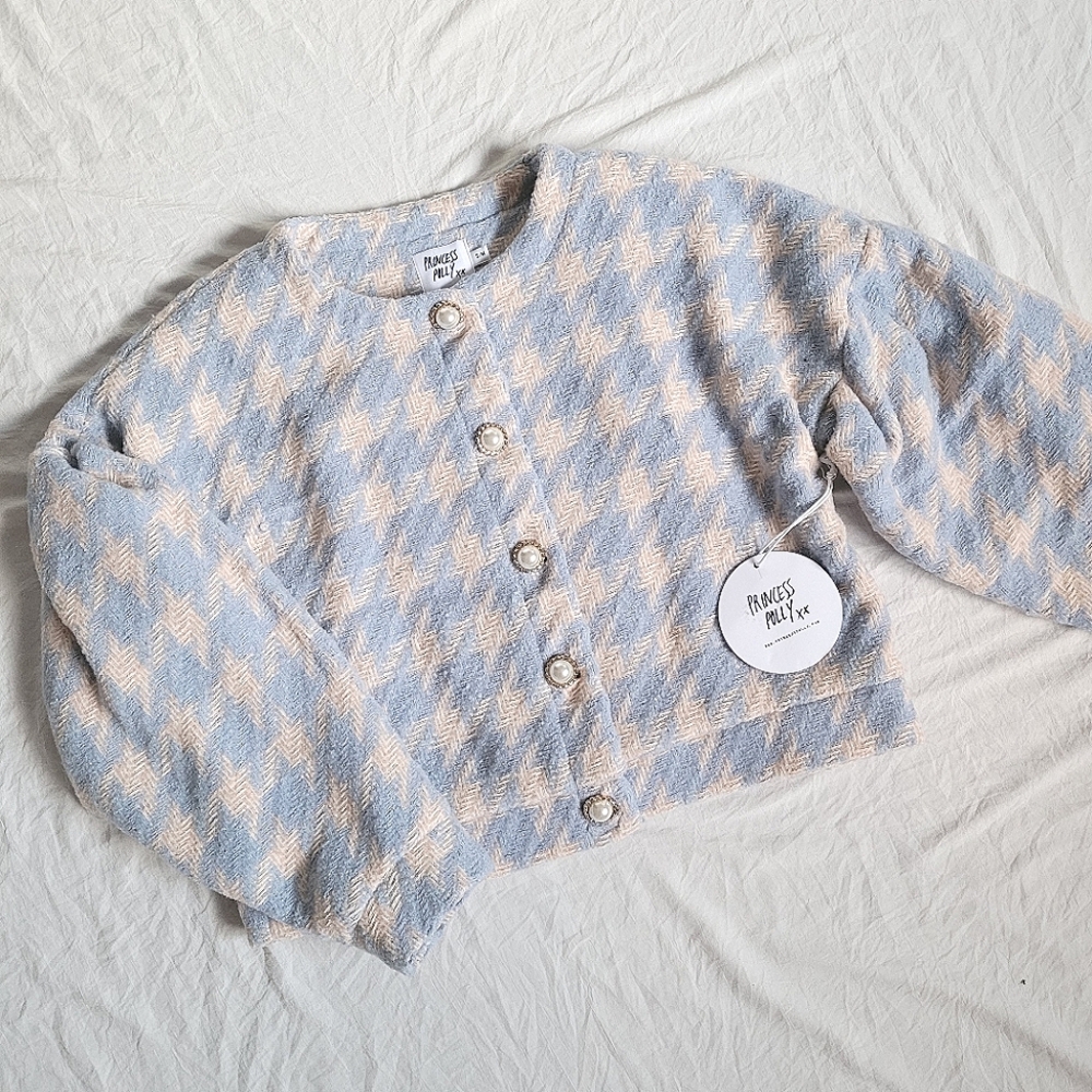 Princess Polly Blue and Cream Houndstooth Cardigan Jacket